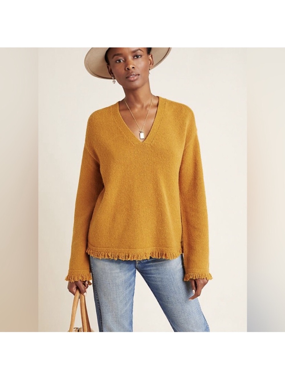 Anthropologie V-Neck Fringe-Hem Sweater — Mustard Yellow